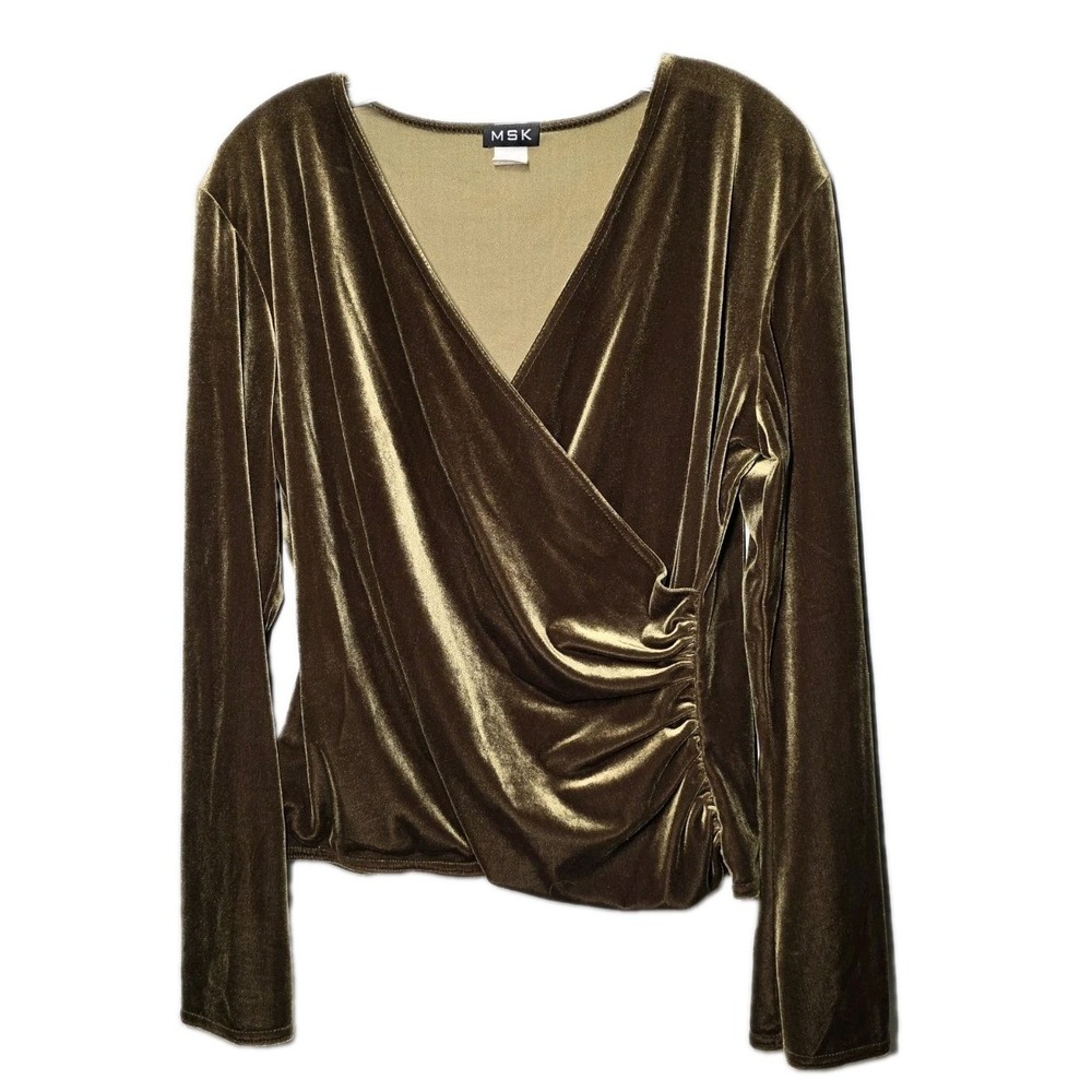 MSK Blouse Women's XLarge Green Wrap Velvet Velour Long Sleeve Shirt Top